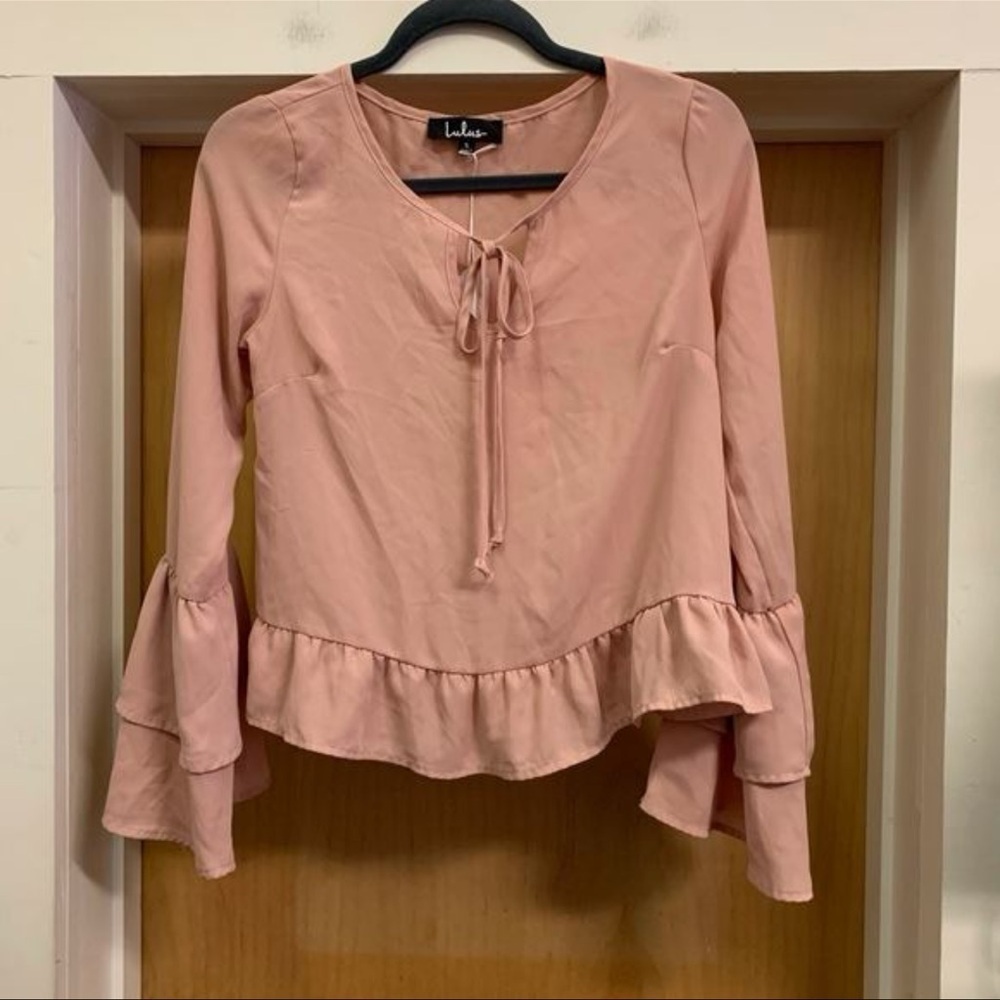 Lulus Dusty Rose Blouse w Front Tie, Ruffle Bottom, Tiered Bell Sleeves - size S
